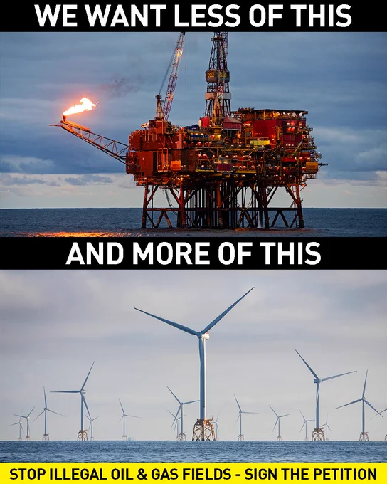 Picture of an off shore oil and gas field with the caption "We want less of this" and a picture of an off shore wind farm with the caption "And more of this".
