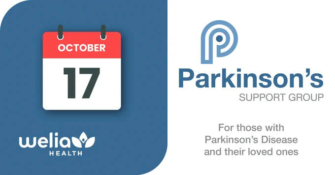 October 17 calendar above welia health logo, parkinsons support group logo to right with "for those with parkinson's disease and their loved ones" under in grey