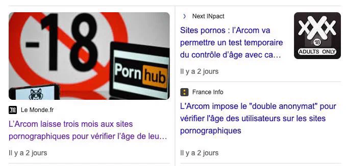 Capture d’écran d’un moteur de recherche recensant plusieurs articles sur la mesure de l’Arcom.