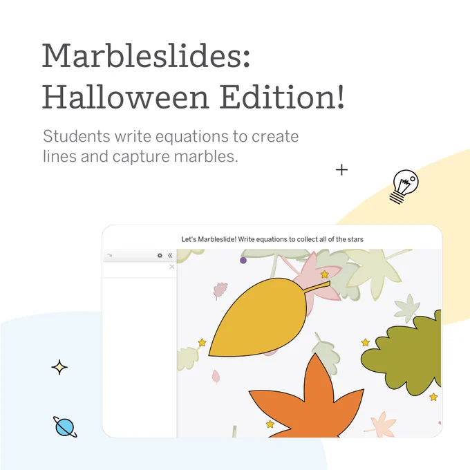 Screenshot of a Marbleslides game from Desmos titled "Halloween Edition," displaying an interface where users write equations to create lines that capture marbles, featuring autumn-themed graphics like leaves and a pumpkin.