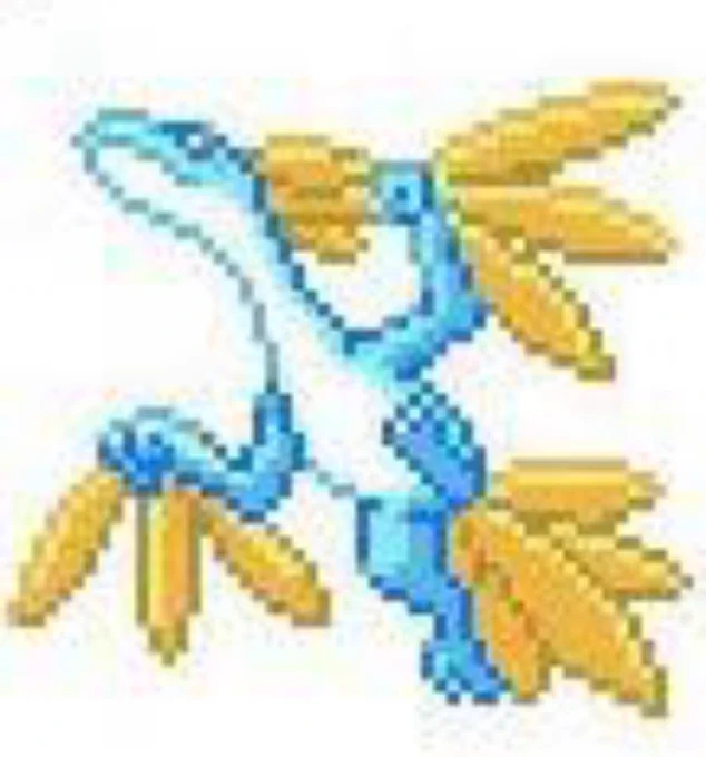 Sprite beta de Dragoprat (Grovyle) de color blau clar i amb fulles daurades.