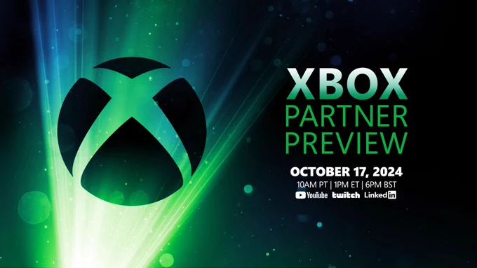 Graphic with a green and blue ray of light shining upwards towards the Xbox Neuxs. Text to the right of the nexus reads: "Xbox Partner Preview. October 17, 2024. 10am PT | 1pm ET | 6pm BST." The Twitch, YouTube, and LinkedIn logos are shown underneath.