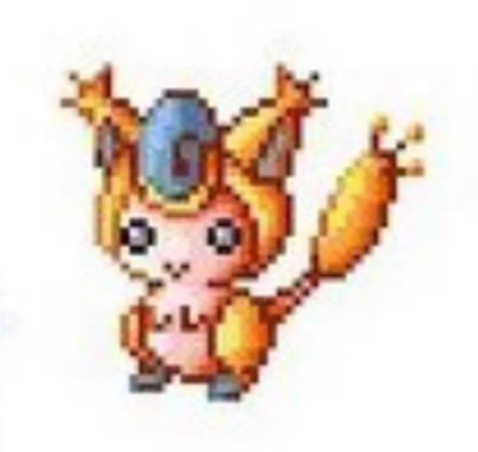 Sprite d'un Pokémon descartat amb molts elements de disseny de Momoix (Skitty). És bipede i té el que pareixen braços replegats al pit, tot i que també podria tractar-se de mamelles.