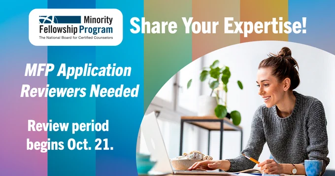 Image of adult smiling at a laptop. “Minority Fellowship Program. Share Your Expertise! MFP Application Reviewers Needed. Review period beings Oct. 21.”