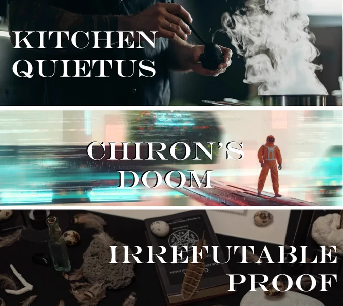 Three images: a chef by a boiling pot with text “Kitchen Quietus”, a distorted space station with text “Chiron’s Doom”, and a seance with text “Irrefutable Proof”