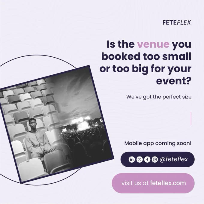 Are you tired of booking venues too big or too small for your event? 😕

We’ve got you covered with the perfect size.💫
Find the venue that’s just right for you with Feteflex! 💜🎉