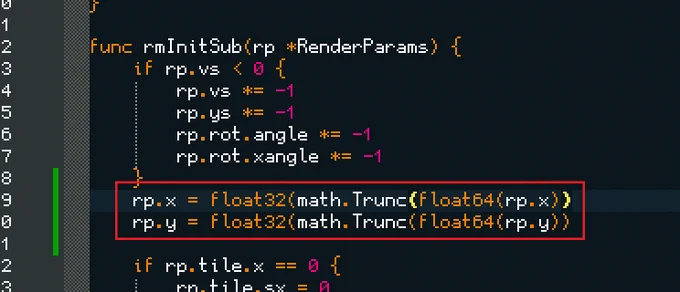 An excerpt of a Golang function for rendering objects, containing two new lines that read:

	rp.x = float32(math.Trunc(float64(rp.x))
	rp.y = float32(math.Trunc(float64(rp.y))