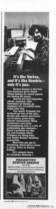 One of many recordings which used the Moog, Burton Greene created "the farthest-out trip of the year". Jazz & Pop, August 1969