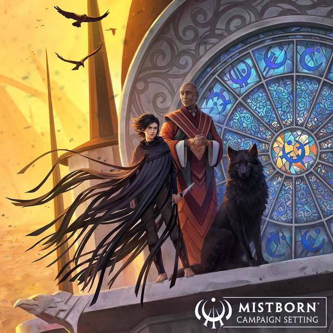 Three key characters (a young woman, a man, and a wolfhound) from the Mistborn series by Brandon Sanderson, standing in front of a stained glass window depicting Allomantic symbols. Art by Svetlana Kostina!