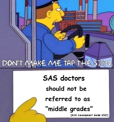 Simpsons gif: Don't make me tap the sign.  SAS doctors should not be referred to as "middle grades" (SAS Development Guide 2020)