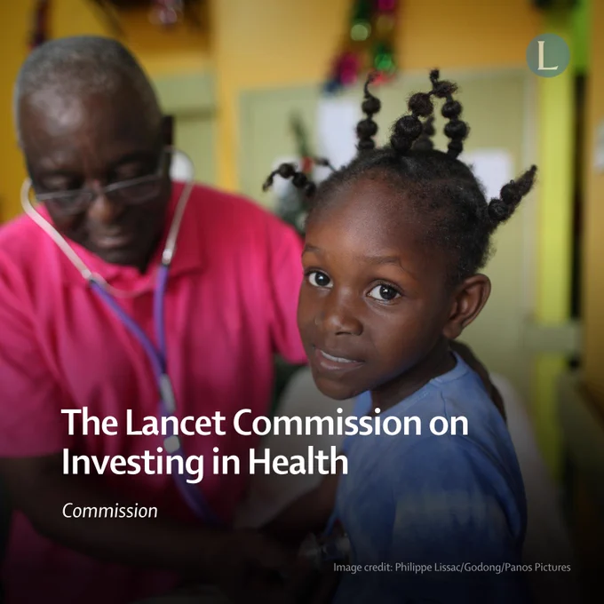 Promotional card for The Lancet Commission on Investing in Health. Background image: A young girl at a health check-up, with a doctor checking her heart health with a stethoscope.