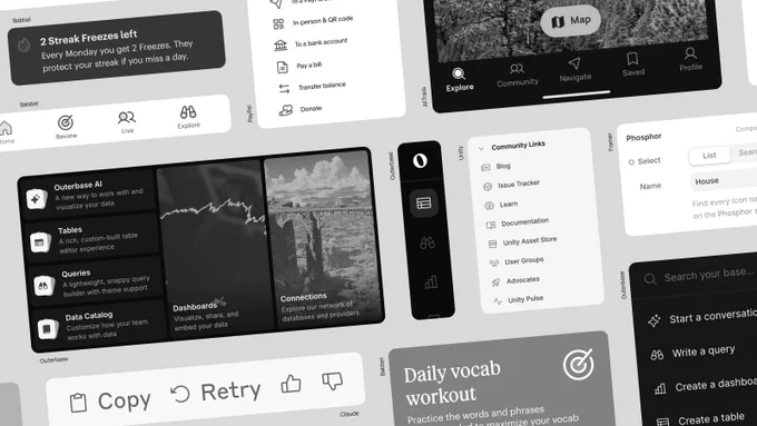 A knolled collage of interfaces using Phosphor Icons