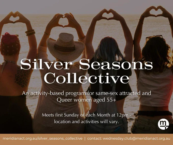 [Image description: 4 women form hearts above their head with their backs to camera. White writing says Silver Seasons collective.]