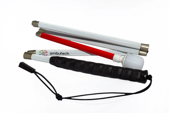 A close-up of a white cane