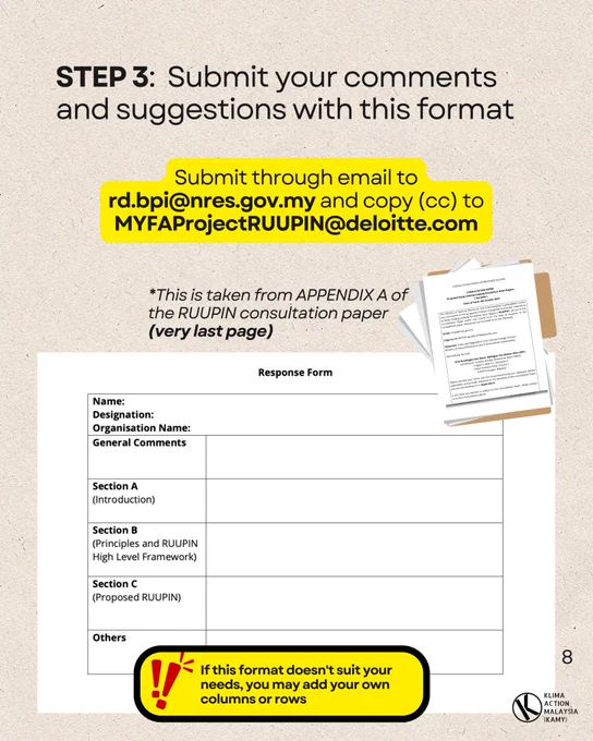 STEP 3: Submit your comments and suggestions using this format.

Submit through email to rd.bpi@nres.gov.my and copy (cc) to MYFAProjectRUUPIN@deloitte.com

Screenshot of the format is attached here. This is taken from APPENDIX A of the RUUPIN consultation paper (very last page).

If this format doesn't suit your needs, you may add your own columns or rows