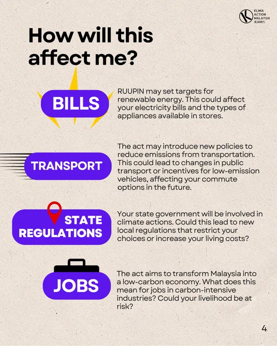 How will this affect me?

BILLS - RUUPIN may set targets for renewable energy, affecting your electricity bills and available appliances.

TRANSPORT - The act may introduce new policies to reduce emissions from transportation, influencing public transport and vehicle choices.

STATE REGULATIONS - Your state government will be involved in climate actions, which could lead to new local regulations affecting your choices and costs.

JOBS - The act aims to transform Malaysia into a low-carbon economy, raising questions about jobs in carbon-intensive industries.