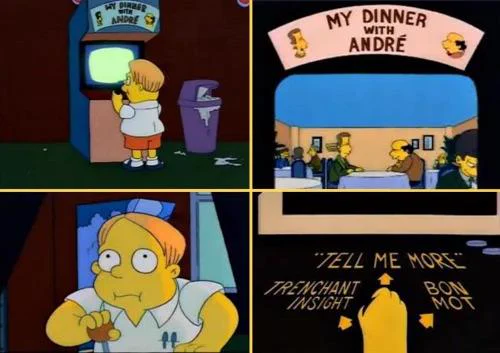 Stills from The Simpsons depicting the character of Martin playing a fictional arcade game seemingly based on the film My Dinner With Andre