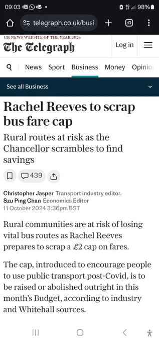 Screenshot of Telegraph article headline 'Rachel Reeves to scrap bus fare cap' and first few sentences. Link to article will be provided in later tweet in this thread