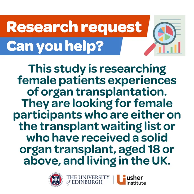 Promotional image for a research study by Usher Institute and The University of Edinburgh seeking participants aged 18 or above, who are either on the organ transplant list or have received a solid organ transplant, to share their experiences.