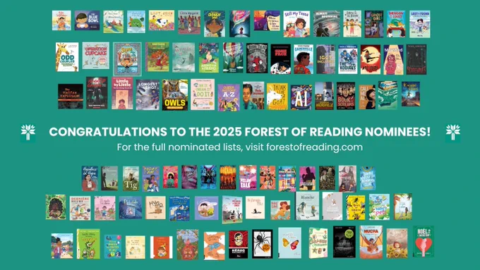 A turquoise Forest of Reading banner with book covers and white text. Text reads: “Congratulations to the 2025 Forest of Reading Nominees! For the full nominated lists, visit forestofreading.com.” 