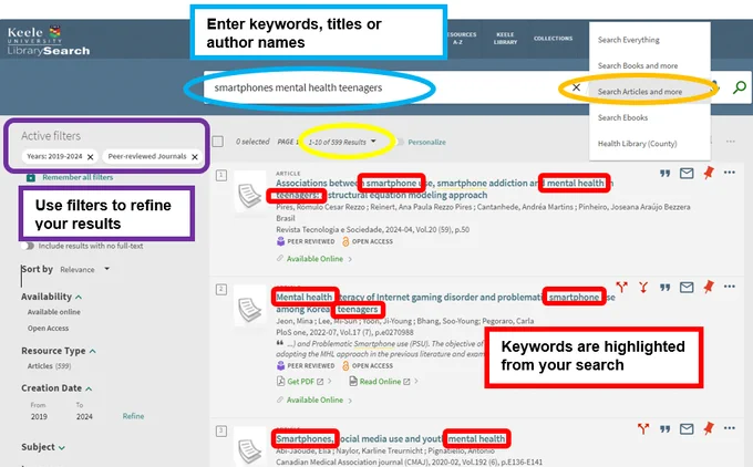 Screenshot showing how to search for articles in LibrarySearch.