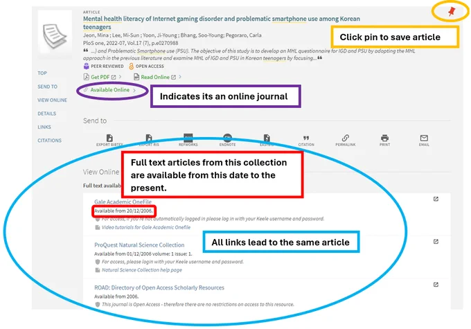 Screenshot showing an example article record in LibrarySearch.
