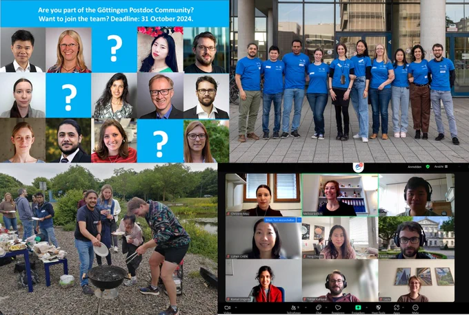 Members of the Postdoc Committee 2024 showing that there are some spaces for new members (top left). The team is outside the Physics Building in blue postdoc T-Shirts (top right). Postdoc summer festival with postdocs from committee and the network (bottom left) and a recent Zoom meeting (bottom right). 