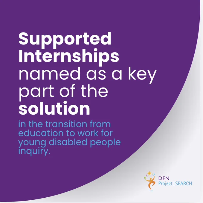 graphic that reads "Supported Internships named as a key part of the solution in the transition from education to work for young disabled people inquiry" in bold writing. DFN PS logo is on the bottom right corner. 