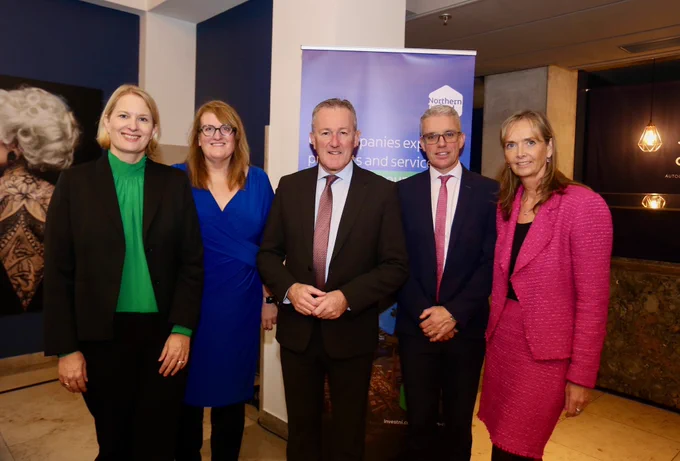 Pictured at a business roundtable event in Berlin are Julia Braune, CEO, Germany Trade and Invest; Peta Conn, Director GB and Europe, Invest NI; Economy Minister Conor Murphy; Kevin McNamee, CEO of Bangor-based Denroy Group; and Ilka Hartmann, Managing Director of British Chamber of Commerce in Germany.