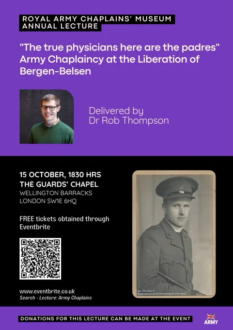 A poster with black and purple block colours, white writing and two portrait photographs advertising a lecture.