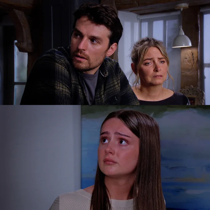 Top image: Mack and Charity stand in shock. Charity is about to cry. Bottom image: Sarah looks up at Cain, she has tears in her eyes.