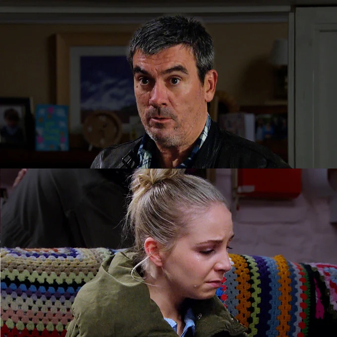 Top image: Cain looks upset. Bottom image: Belle looks down as she cries.