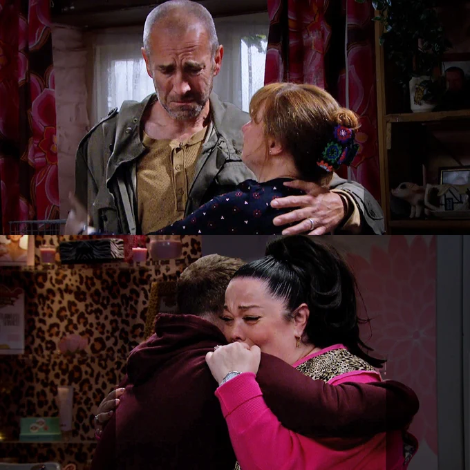 Top image: Lydia comforts Sam, as they both cry and hug. Bottom image: Vinny hugs Mandy, she is crying.
