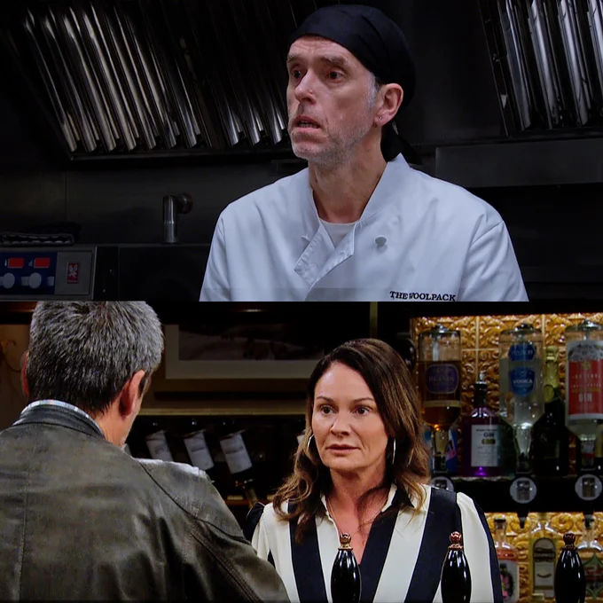 Top image: Marlon is on the verge of tears in The Woolpack kitchen. Bottom image: Chas looks shocked behind The Woolpack bar as Cain speaks to her.