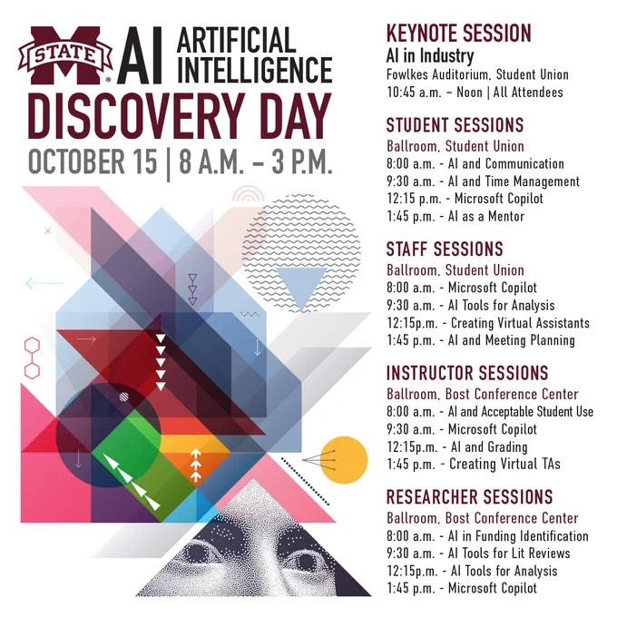 Are you on the @Mississippi State University campus today? Make sure to check out the AI Discovery Day activities. To register https://docs.google.com/forms/d/e/1FAIpQLScv9hliQWt4Or4XWni6ud2GYu8_t0F5jPDj6bwzt_NyWJiNMg/viewform