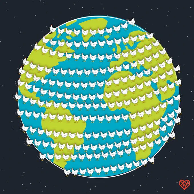 Illustration of planet earth patterned with multiple rows of white chickens set against a starry space background.
