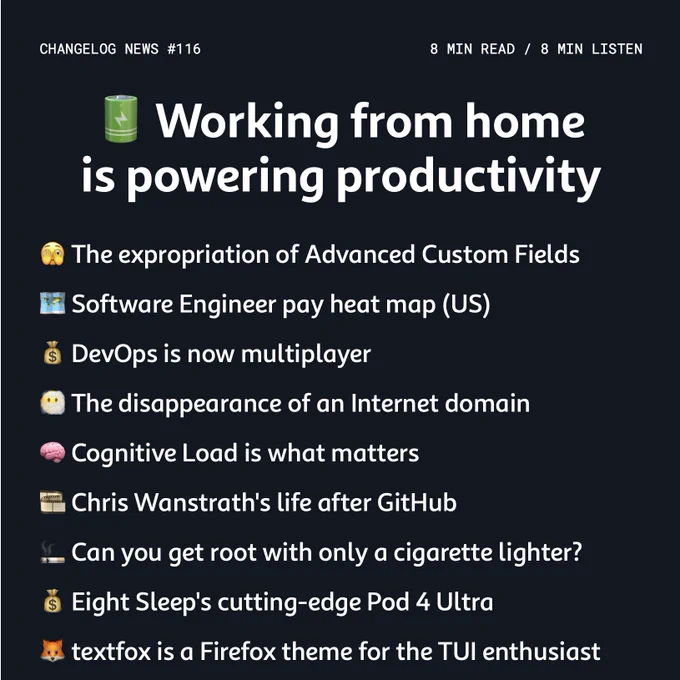 🔋 Working from home is powering productivity
🫣 The expropriation of Advanced Custom Fields
🗺️ Software Engineer pay heat map (US)
💰 DevOps is now multiplayer
😶‍🌫️ The disappearance of an Internet domain
🧠 Cognitive Load is what matters
🎞️ Chris Wanstrath's life after GitHub
🚬 Can you get root with only a cigarette lighter?
💰 Eight Sleep's cutting-edge Pod 4 Ultra
🦊 textfox is a Firefox theme for the TUI enthusiast
