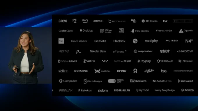 Emily Lonetto from Webflow next to a list of Webflow partner logos