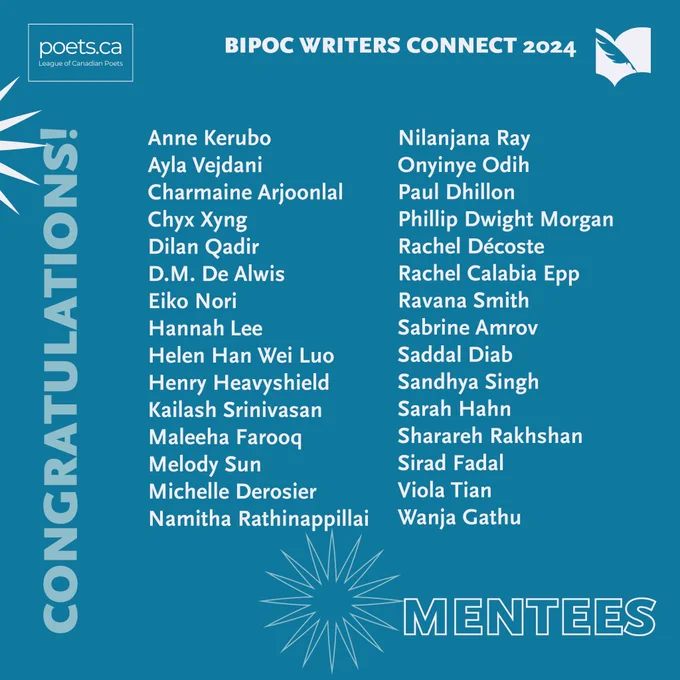 Promo graphic with TWUC and LCP logos. Text that reads: Congratulations! BIPOC Writers Connect 2024 Mentees. Mentee names listed in thread.
