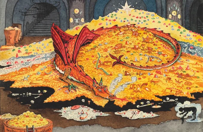 Tolkien's own illustrations of Smaug atop his gold and treasures, with an invisible Bilbo in the foreground 