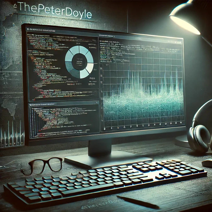 A dimly lit workspace creates an atmosphere of focus and intensity, as if pulled from the scene of a spy thriller. At the center, a sleek computer monitor displays lines of SQL code alongside a complex, colorful data visualization graph. The tilted keyboard in front of the monitor suggests that the person working is deep in a high-stakes coding session. Resting next to the keyboard is a pair of over-ear headphones, hinting that music—perhaps an iconic soundtrack—is playing in the background to maintain concentration. In the background, subtle digital elements, like faint lines of code and a blurred world map, evoke the feeling of an espionage mission in progress. The ambient lighting highlights the urgency, with a glowing desk lamp casting a warm but focused light across the desk. At the top of the image, the handle “@thepeterdoyle” is written in a clean, modern font. The same handle @thepeterdoyle looks like it’s etched in the desk under the keyboard.