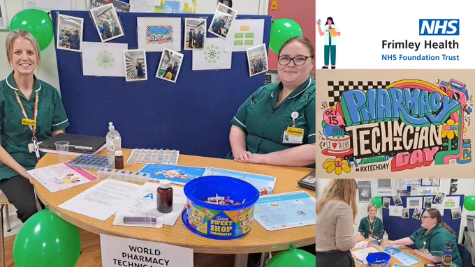 Two individuals in green uniforms are seated at a booth with banners and balloons celebrating World Pharmacy Technician Day, with signage indicating it is organized by Frimley Health NHS Foundation Trust.