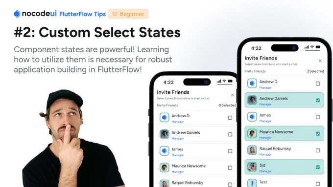 Learn how to utilize component/page state in order to create custom select list UI/UX in FlutterFlow.