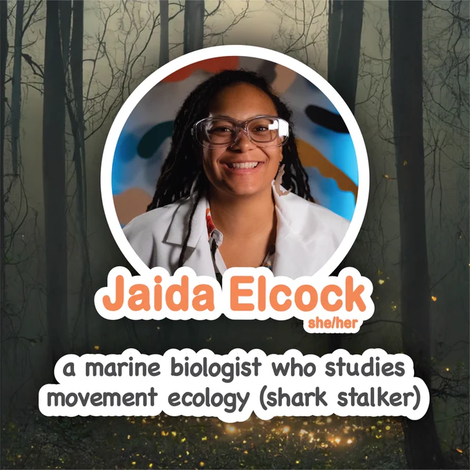The background is a spooky, foggy forest with fireflies illuminating the leafy floor. In the foreground is a picture of Jaida as well as the text “Jaida Elcock she/her, a marine biologist who studies movement ecology (shark stalker)”