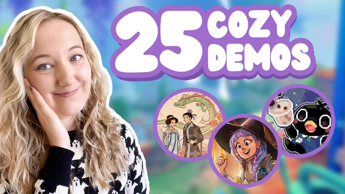 YouTube Thumbnail showing a woman with curly blonde hair smiling. Three circles contain images of a cute bird holding a boba tea, a witch surrounded by ink bottles, and a couple with a dragon above them. Purple text reads 25 Cozy Demos