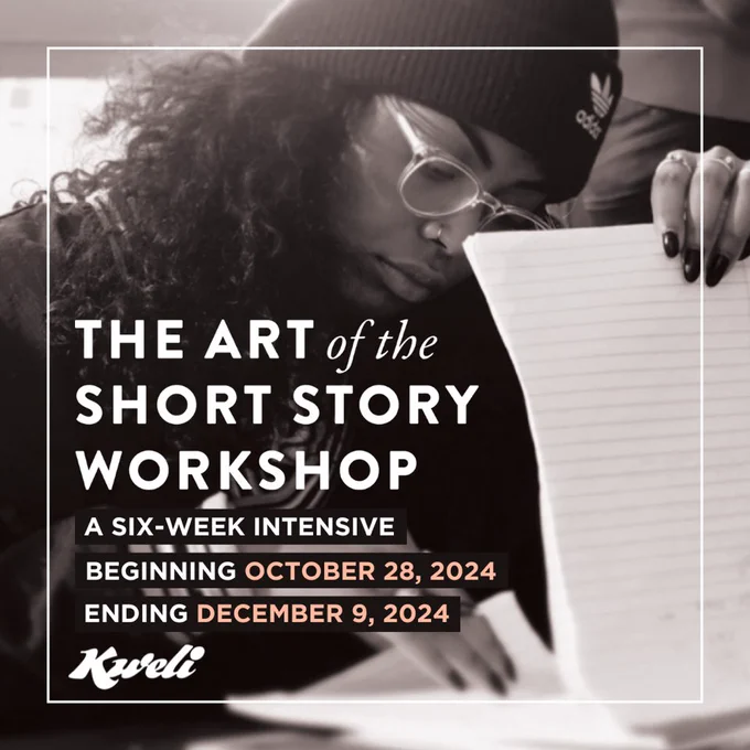 IMAGE: Sepia photo of a writer of color reviewing their craft. TEXT: The Art of the Short Story Workshop, a six-week intensive, beginning October 28, 2024, ending December 9, 2024. Kweli