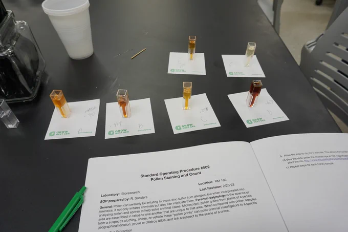 Different honey samples are analyzed for a lesson on forensic palynology for determining pollen prints. 