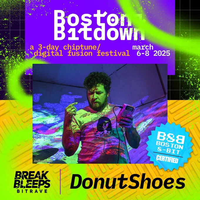 Image: A show poster for Boston Bitdown, featuring a photo of DonutShoes wearing an exciting!!excellent!! shirt, holding a pink Game Boy armed with LSDJ, performing at the nmlstyl album release party at Wonderville, while visuals by Claire Kwong are projected onto him.

Text: Boston Bitdown, a 3-day chiptune/digital fusion festival, march 6-8 2025 | Break Bleeps Bitrave - DonutShoes