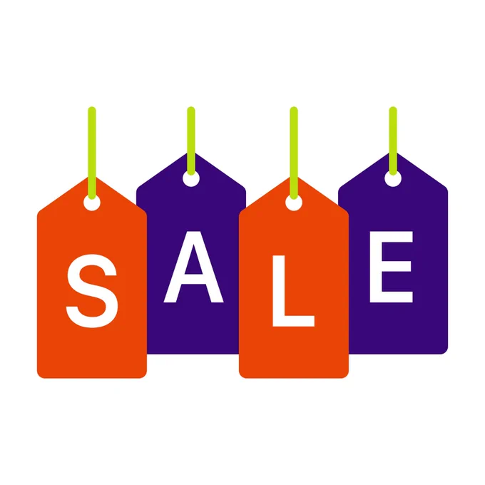 Four alternating orange and purple tags hanging from green string. Each tag features one letter from the word "Sale".