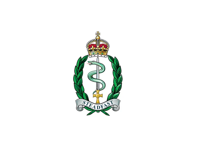 A British Army cap badge on a white background. The cap badge has a Tudor Crown at the top, sitting above a laurel wreath. In the centre is the staff of aesculapius (a snake wrapped around a sword). At the bottom is an inscription, Steadfast.